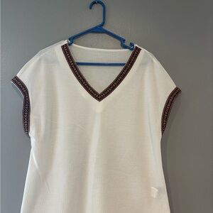 White V-Neck Top with Embroidered Trim